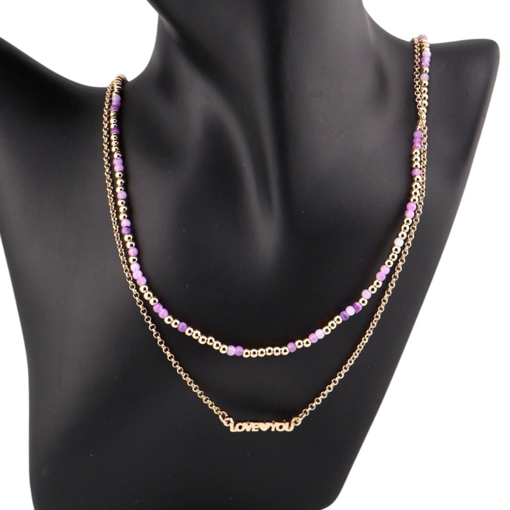 The Limited Layered Necklace Love You Message Purple Beads Gold Tone NWT